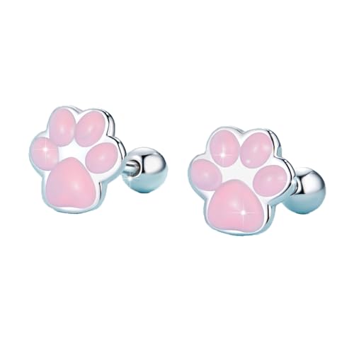 WOSTU Cat Paw Stud Earring for Women S925 Sterling Silver Pet Footprint Earring Hypoallergenic Jewelry Gift for Women Teen Girls Cat Lovers Pink