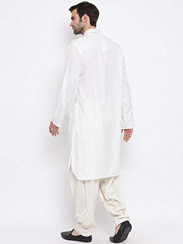 Image of VASTRAMAY Men's Cotton Blend Pathani Kurta Set || Stylish Pathani Style Kurta with Roll Up Sleeves and Relaxed Fit Patiala Salwar