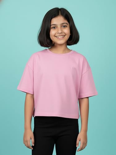 Image of KiddoPanti Girls 100% Cotton Solid Drop Shoulder Half Sleeve Round Neck Crop Tee