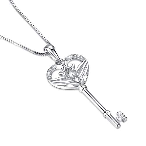 VANLAMS S925 Sterling Silver Angel Wings Necklace for Women, Love Heart Pendant with Butterfly Key - Birthday Gifts3