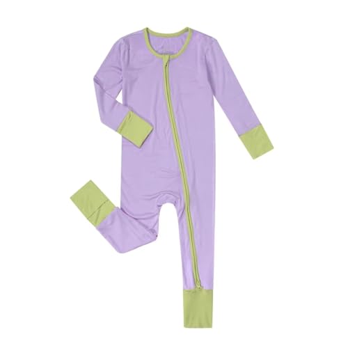 Image of Teach Leanbh Unisex Baby Bamboo Viscose Pajamas with Mittens and Feet Cuffs Soild Printing 2 Way Zipper Long Sleeve Romper