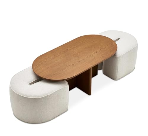 Image of Mango Wood Coffee Table with 2 Stools for Home | Oval Centre Table with Seating Stools | Space Saving Patio Tables with Two Upholstered Puffy Ottoman for (Natural Teak)