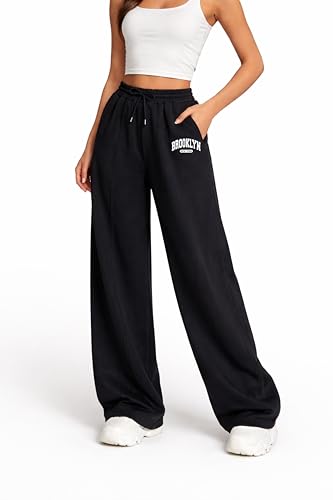 Image of Brooklyn New York Graphic Wide Leg Sweatpants, Black, Drawstring Elastic Waist with Pockets