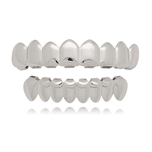 COCOCO Hip Hop Gold Teeth Grillz Set Top Bottom Tooth Grills Dental Mouth Punk Vampire Fangs Teeth Caps Cosplay Party Rapper Jewelry-Silver Set 3