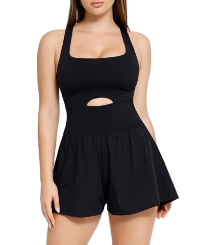 Popilush Shapewear Jumpsuit Workout Romper Tennis Dress Look Athletic Rompers For Women Waist Cutout Design