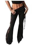 Verdusa Women's Lace Ruched Fold Over Leggings Flare Pants Rave Club Low Rise Long Trousers Black Medium