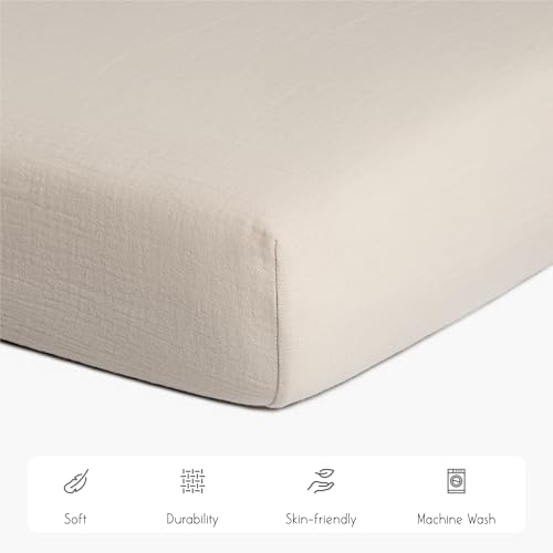 Image of Meracorallo Muslin Pack and Play Fitted Sheet, 100% Cotton, Beige | Soft Breathable Mini Crib Sheet, Pack N Play Sheet, 38x26 In, Playard Mattress Sheet for Baby Boys and Girls