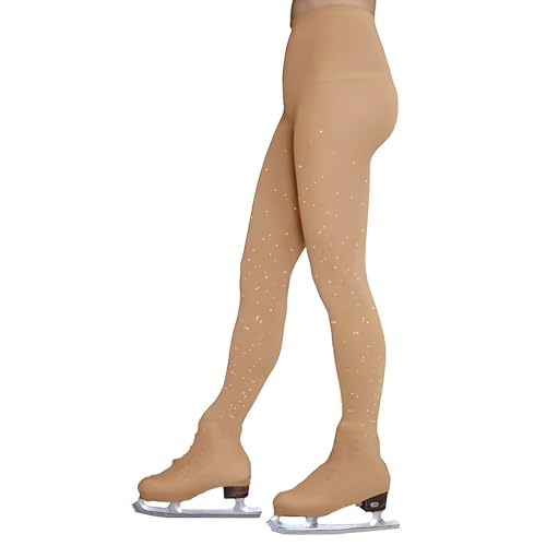 flexdans Eiskunstlauf Strumpfhose mit Kristallen und Doppelschnallen, Rollschuh und Eislauf Strumpfhose Ski Skating für Damen und Mädchen 9049 Tan 10-14