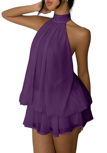 Fhykiss Women's Chiffon Halter Drop Waist Mini Dress Wedding Guest Dresses Ruffle Formal Holiday Club Brunch Outfits Purple XS