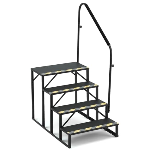 YOLENY 4-Step RV Steps with Handrail 660 LBS Metal RV Stairs with Armrest Cover Anti-Slip Hot Tub Steps Mobile Home Steps for Travel Trailers Camper Pool and Porch with Non-Skid Tapes