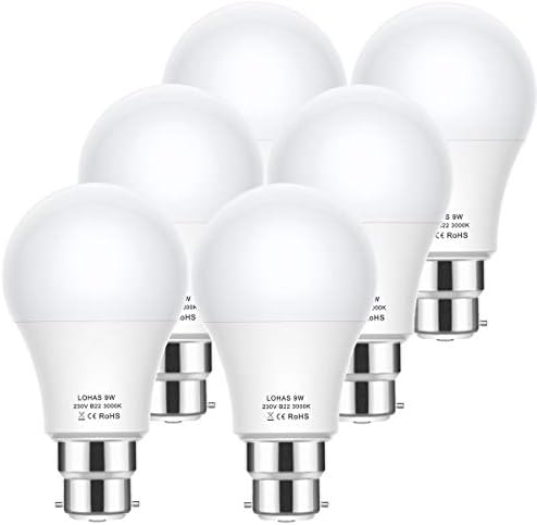 B22 Bayonet LED Light Bulb, LOHAS 9W B22 LED Bulb Warm White 3000K, Equivalent to 60W Bayonet Light Bulb, B22 LED Light Bulb 820LM, Energy Saving Light Bulbs, BC LED Light Bulb, Non Dimmable, 6 Pack