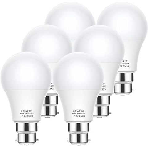 B22 Bayonet LED Light Bulb, LOHAS 9W B22 LED Bulb Warm White 3000K, Equivalent to 60W Bayonet Light Bulb, B22 LED Light Bulb 820LM, Energy Saving Light Bulbs, BC LED Light Bulb, Non Dimmable, 6 Pack Cover