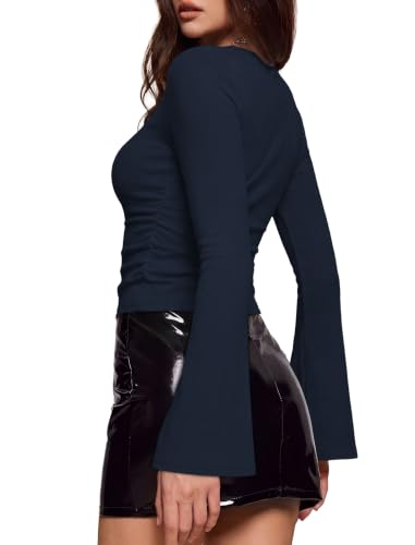 WIHOLL Bell Sleeve Tops for Women Teacher Business Church Shirt Navy Blue L — view 5