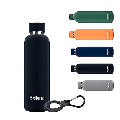Exllena Slim Insulated Water Bottles for Travel 18oz with Clip, Double Wall Vacuum Stainless Steel Water Bottle Keeps Drinks Cold 24 Hrs/Hot 12 Hrs, 100% Leakproof, BPA Free(Black)