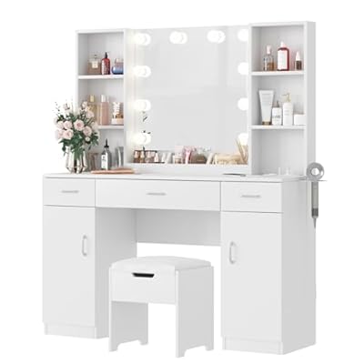 Vabches Vanity Desk with Lights, Makeup Vanity Table with Charging Station, 45in Big Vanity Set with Lots Storage Space, White
