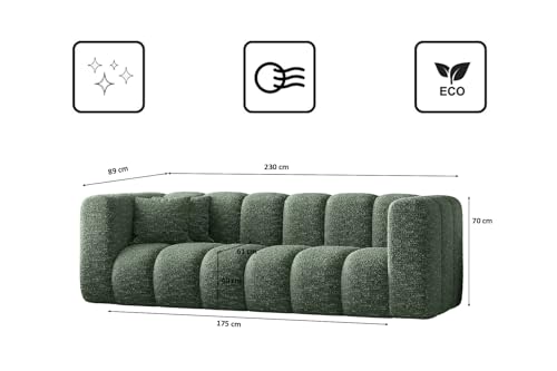 Kaiser Möbel - Sofa 3 Sitzer - 3er Couch - 91x230x70 cm - Relaxsofa Wohnzimmer, Jugendzimmer - HR-Schaum, Gewellte Feder, 2 dekorative Kissen - Grand - Stoff Haga - Grün – Bild 3
