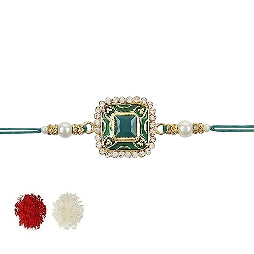 Image of I Jewels Pearl & Meenakari Designer Bhaiya Rakhi With Roli Chawal for Brother /Bro /Men with Rakshabandhan Card