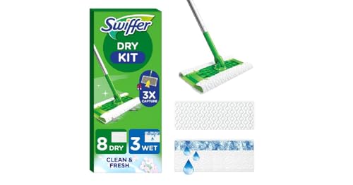 Swiffer Sweeper Mopa Seco Y Húmedo Kit Básico Para Limpiar Madera Y Suelos, Incluye: 1 Mopa, 8 Paños Secos, 3 Paños Húmedos