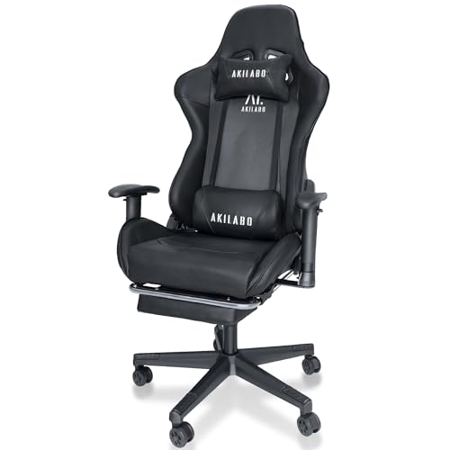 AKILABO ゲーミングチェア オフィスチェア イス 椅子 テレワーク 疲れない 幅広座面 デスクチェア オットマン付き ゲーム用チェア 165°リクライニング パソコンチェア レーシングチェア 良い座り心地 黒 (ブラック)のサムネイル
