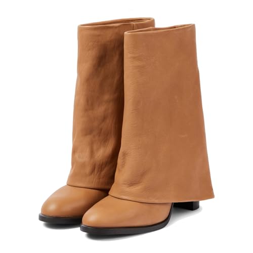 Women's Leather Fold Over Boots Mid Calf Wide Calf Round Toe Chunky Block Heel Ankle Boots Pull On Fashion Causal Short Boot Brown