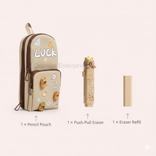 Image of Kawaii Cute Pencil Pouch with Push Pull Eraser & Refill | Canvas Zipper Pen Case for Kids | Capibara Cartoon | Safe Non-Sharp Edges | School Stationery Gift (Ages 5+)