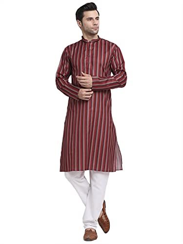 Image of KRAFT INDIA Men Cotton Dark Stripped Kurta ONLY