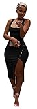 Salimdy Womens Sexy Soild Sleeveless Strap Tank Ribbed Buttons Side Split Bodycon Irregular Long Pen