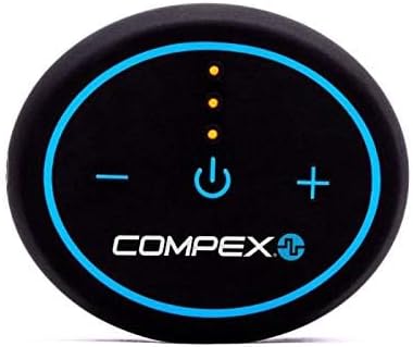 Close-up of a Compex Mini Wireless pod showing the power button and intensity controls.