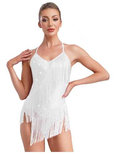 Xnihocha Damen Glitzer Fransen Trikot Body Ärmellos Ballett Latein Tanzkleid Gymnastik Leotard Modern Tanz Outfits Weiß S