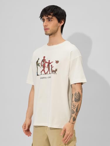Image of The Souled Store Deadpool: Maximum Effort Men and Boys Short Sleeves Round Neck Green Graphic Printed Cotton Oversized T-Shirts