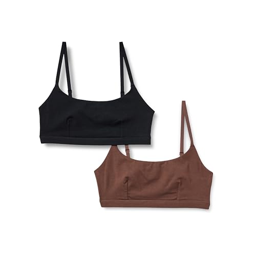 Amazon Essentials Women's Cotton Jersey Pull on Scoop Bralette, Pack of 2, Black/Rich Hazel, Large