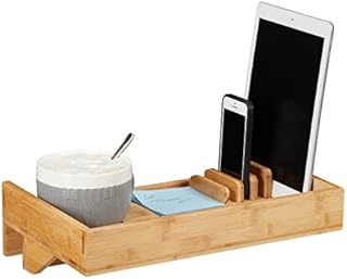 Relaxdays Półka na łóżko, mini stolik nocny do przypięcia, z bambusa, uchwyt na napoje D, zajmujący niewiele miejsca organizer, naturalny, średnica 9 cm