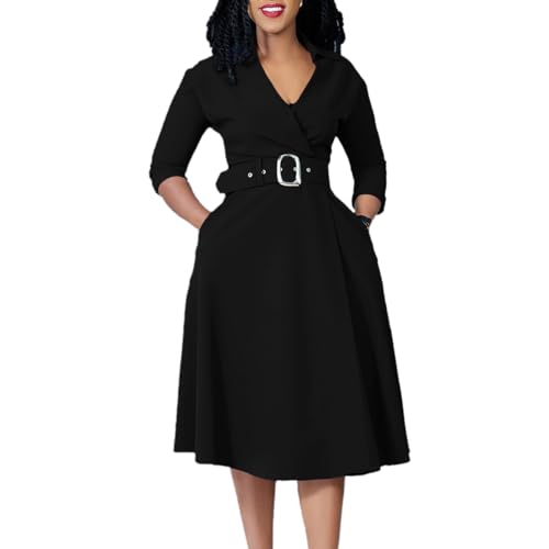 Elainone Women's 3/4 Sleeve Flared A Line Dress Wedding Guest Casual Semi  Formal Office Lady Dresses with Belt Black S at Amazon Women's Clothing  store