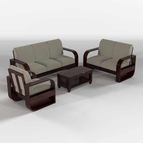 Image of Solid Sheesham Wooden 6 Seater Sofa Set Without Coffee Table with Light Taupe Cushion for Living Room Furniture - Walnut Finish (3+2+1)