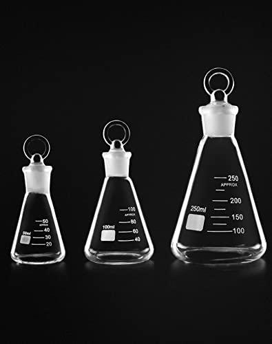 Qwork Glass Erlenmeyer Flask Set (50, 100 And 250Ml), 3 Pack Graduated Borosilicate Glass Erlenmeyer Conical Flask With Glass Stopper For Lab, Experiment, Chemistry #TOP1