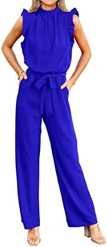 KIRUNDO Jumpsuits For Women Dressy Summer One Piece Sleeveless Ruffle Mock Neck Belt Pockets Formal Wide Leg Pants Romper