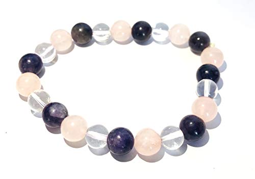 CRYSTALMIRACLE Powerful Clear Quartz Amethyst Rose Quartz Gemstone Beaded Round Bracelet Crystal Healing Men Women Gift Fashion Wicca Jewelry Energy Chakra Balancer Health Wealth Success Accessory