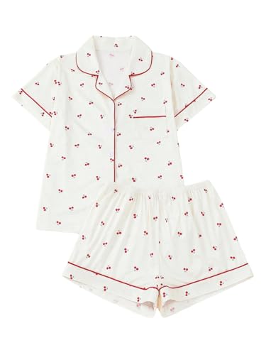 Image of BEAUDRM Women's Two Piece Pajama Sets Allover Print Short Sleeve Sleepwear Button Down Shirt and Bow Shorts Pj Set Loungewear