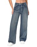 roswear Womens Wide Leg Jeans Loose Fit Front Seam Streetwear Winter Denim Pants Washed Blue Large