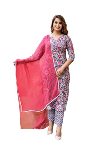 Image of Leriya Fashion Cotton Printed Kurta Sets for Woman | V Neck Festive Anarkali Suit for Women | Ethnic Kurta Set with Dupatta for Women | Wedding Kurti Set for Woman