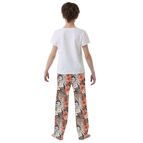 Cute Leopards Hibiscus Flowers Vintage Pajamas Bottoms with Pockets Comfy Pjs Sleepwear Elastic Waistband Pajamas Pants Lounge Pants for 6-14 Years3