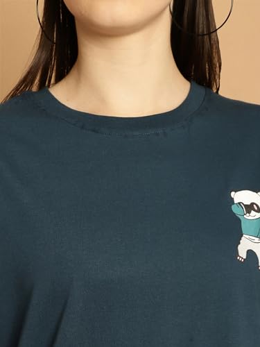 Image of Fabflee Oversized Cotton Baggy Drop Shoulder Graphic Tee with Half Sleeves | Korean Casual Loose T-Shirt for Women