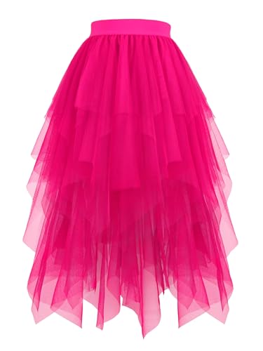 Hanpceirs Damen Tüll Röcke High Low Layered Puffy Fee Röcke A-Linie Midi Rock Unregelmäßiger Tutu Rock Fuchsia XL