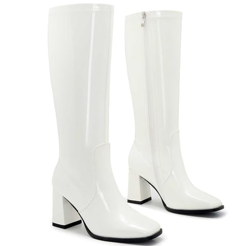 Image of Knee High Boots for Women - Wide Calf Boots with Zipper, Square Toe Tall Leather Boots, Chunky Heel Fashion Long Boots