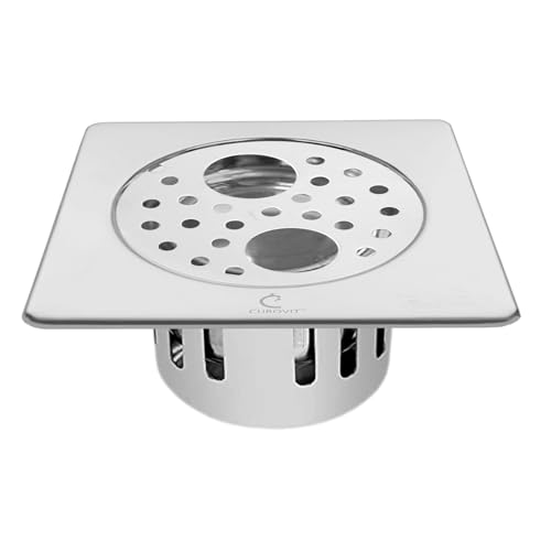 CUROVIT Stainless Steel 5' Holly Square Double Hole with Anti-Cockroach Water Drain | Lock Jali for Bathroom & Kitchen.