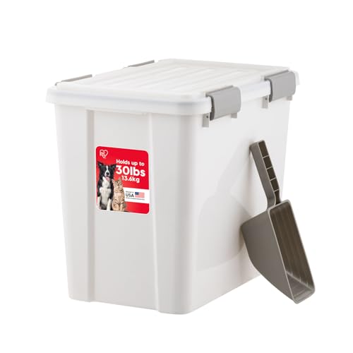 IRIS USA Stackable Dog Food Storage Container with 2 Cup Scoop, 4 Secure Latches, Fits up to 30 lbs, Pet Dry Food Bin, Gasket Seal Lid, BPA Free, Stackable, Easy Measure, White