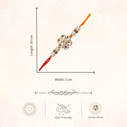 Image of ACCESSHER White Floral Kundan Rakhi with Beads for Brother Pack of 1 with Roli Kumkum Packets and Happy Rakshabandhan Card for Raksha Bandhan