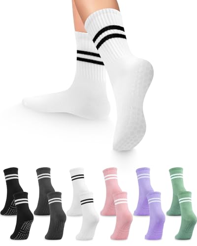 Image of Pilates Grip Socks for Women(6 pairs), Non Slip Yoga Socks with Grips for barre Ballet Barefoot Workout Athletic Socks(05-black /white /pink /dark gray /light purple /light green)