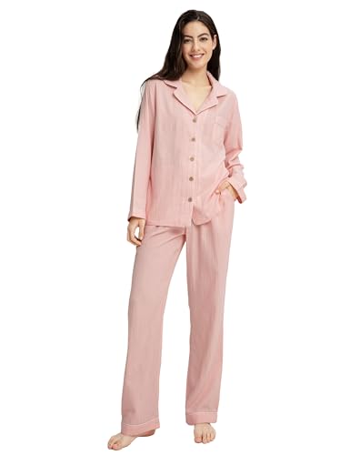 Image of Womens Muslin Pajama Set 100% Cotton Double Gauze Linen Like | Breathable Soft Comfort Button Up Loungewear Sleepwear PJ Set