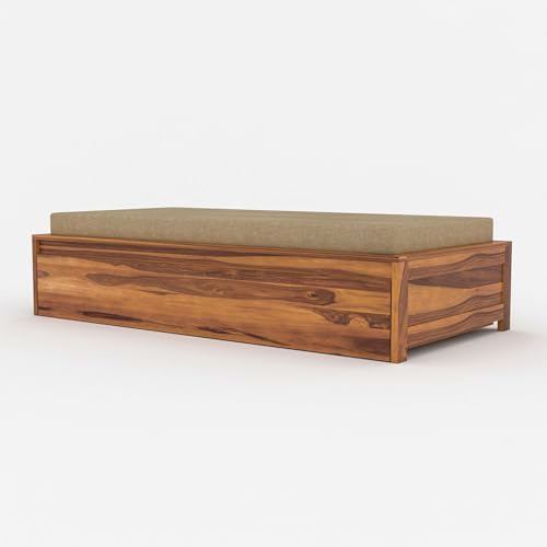 Image of Wooden Single Size Bed with Mattress for Living Room, Drawing Room & Bedroom | Space Saving Wooden Cot /Palang /Diwan with Trundle Drawer Storage | Solid Wood Sheesham | Honey Finish
